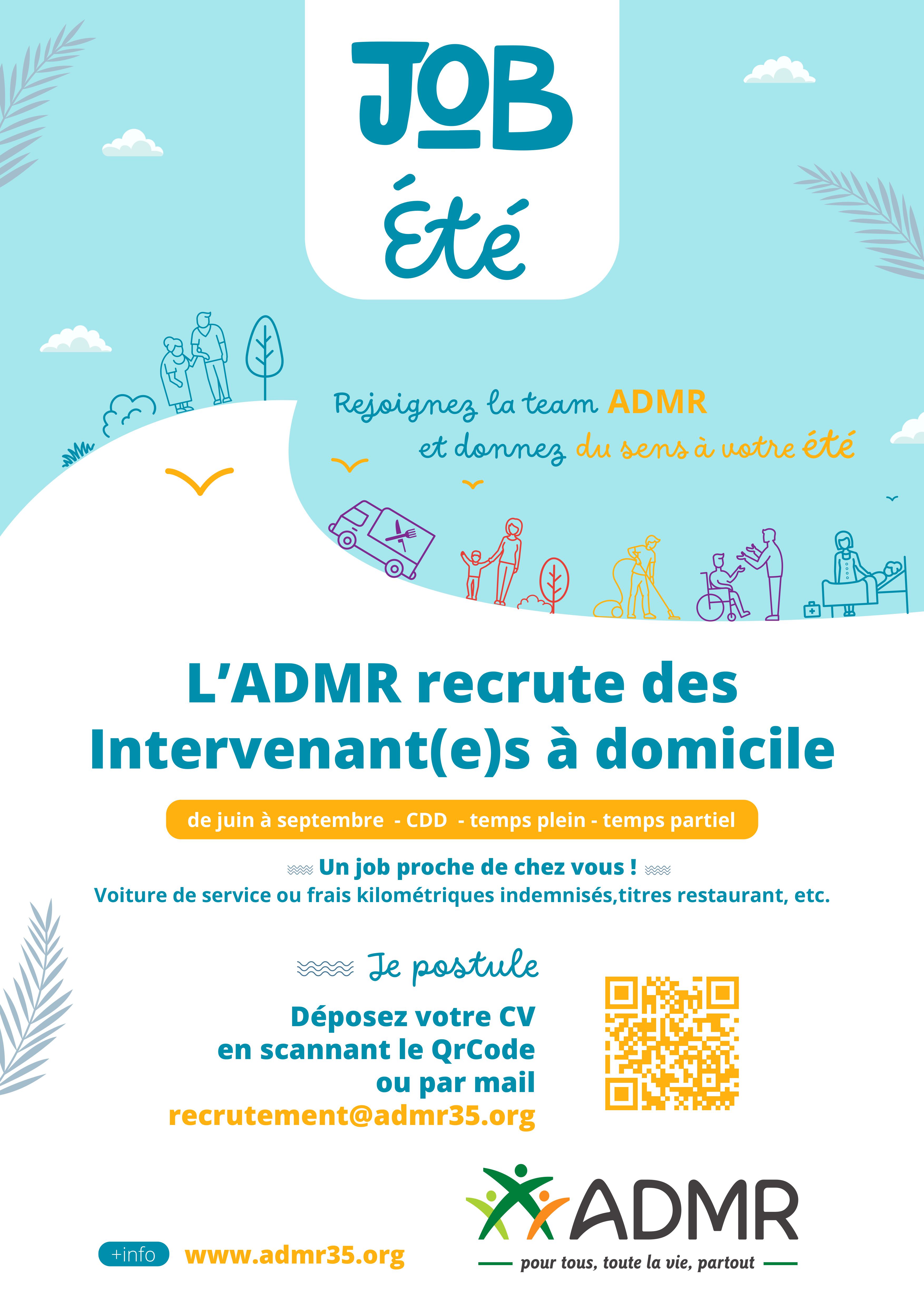 Recrutement: Job d'été Intervenant.e à domicile F/H chez ADMR 35 à Bains-sur-Oust