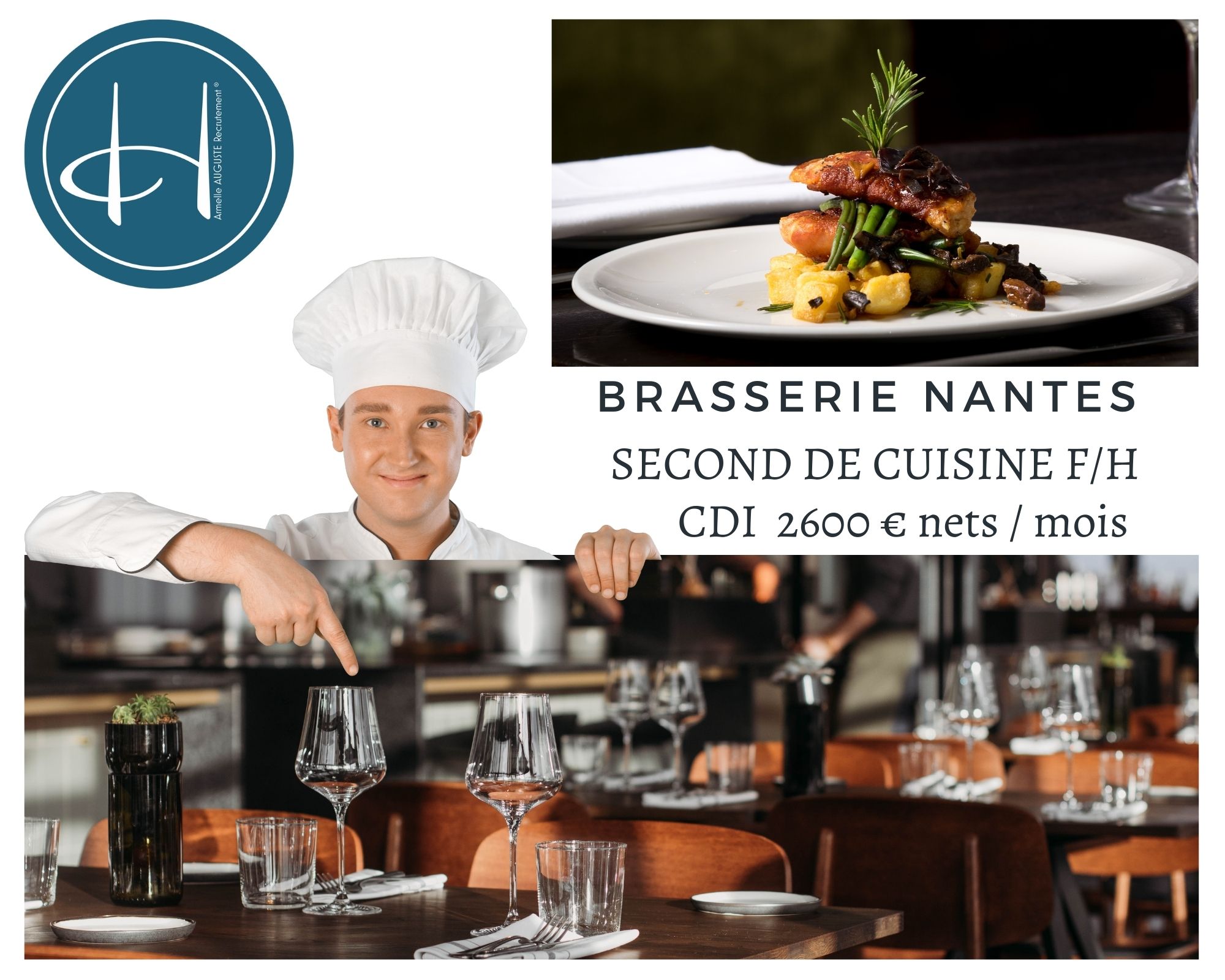 Recrutement: Second de cuisine brasserie haut de gamme Nantes F/H chez Armelle AUGUSTE Recrutement® à Nantes
