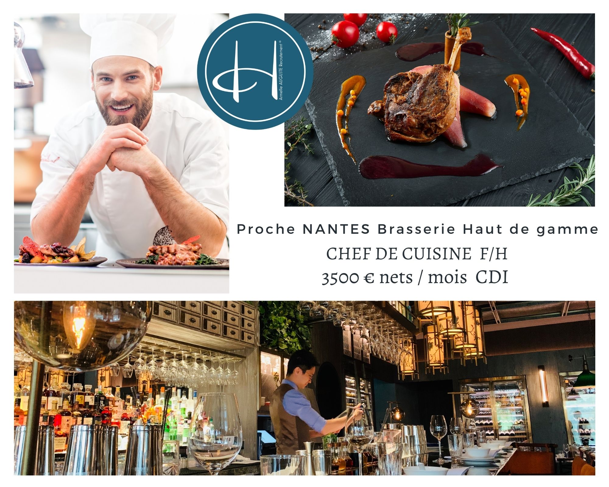 Recrutement: Chef de cuisine brasserie haut de gamme Nantes F/H chez Armelle AUGUSTE Recrutement® à Nantes